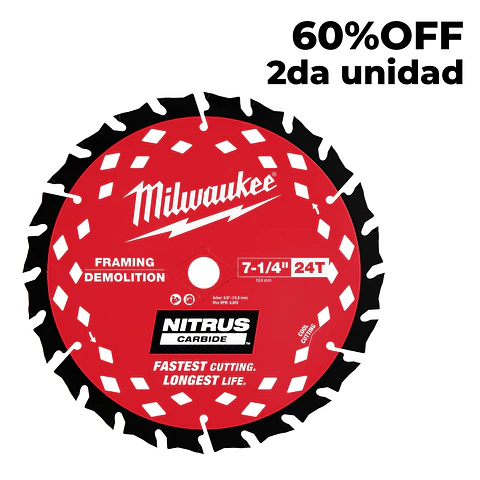 Milwaukee Disco Sierra Circular 7-1/4” NITRUS Carbide Maderas Clavos 48-41-0750
