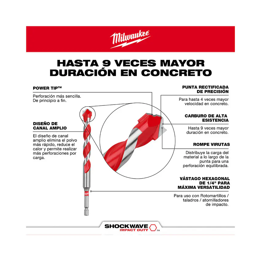 Set Brocas Largas Para Concreto 7 Pzs Milwaukee Shockwave 48-20-9057 9