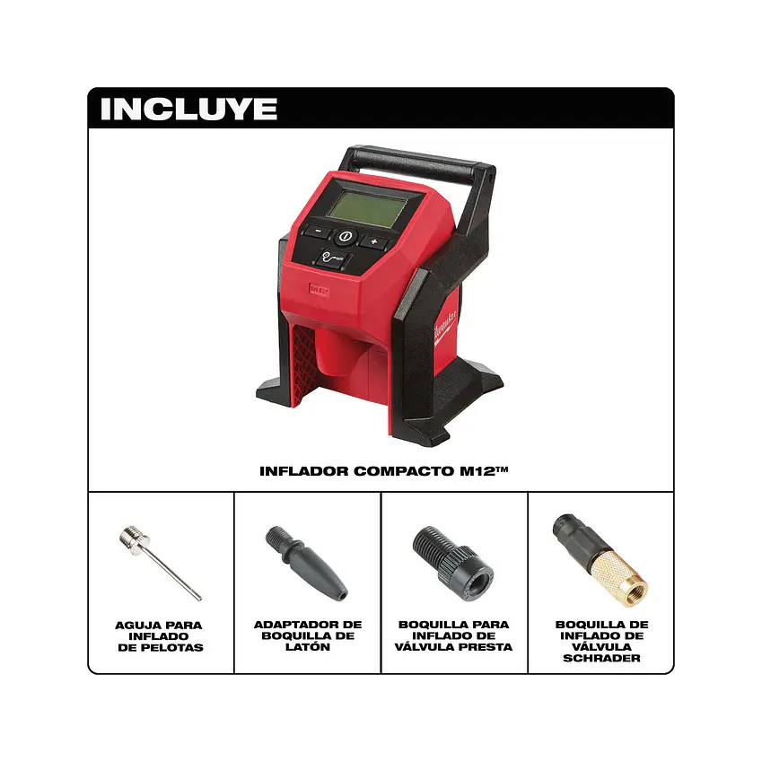 Kit Inflador de Neumáticos Milwaukee M12 120 Psi 2475-20 + 1 Bat 5 Ah 5