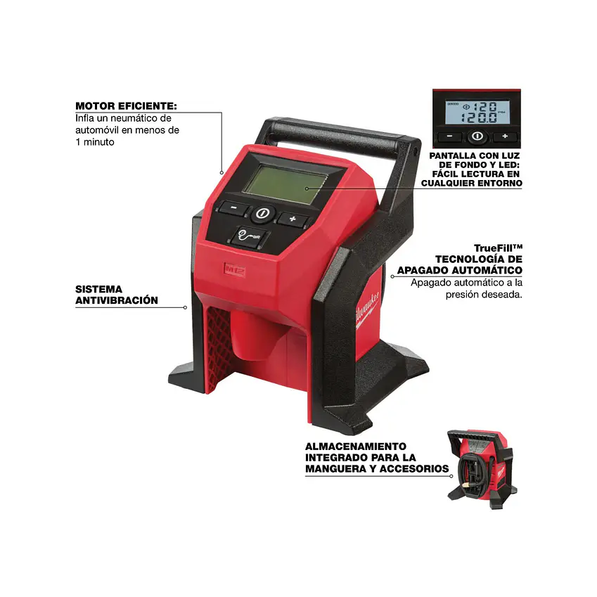 Kit Inflador de Neumáticos Milwaukee M12 120 Psi 2475-20 + 1 Bat 5 Ah 6