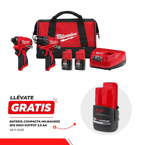 Kit Taladro y Atornillador Subcompactos Milwaukee M12 Brushless 3494-22 + Batería 1