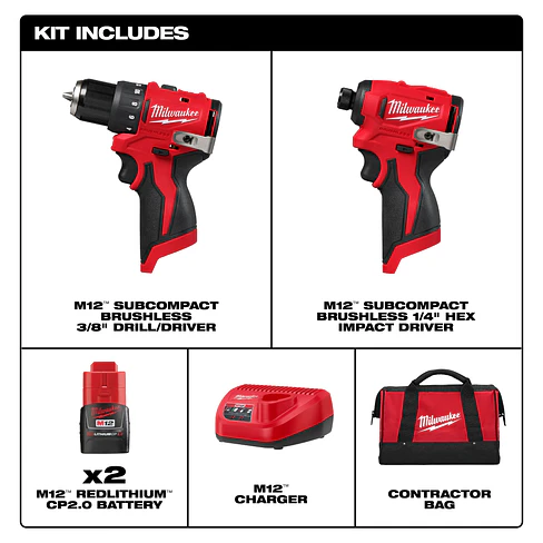 Kit Taladro y Atornillador Subcompactos Milwaukee M12 Brushless 3494-22 + Batería 12