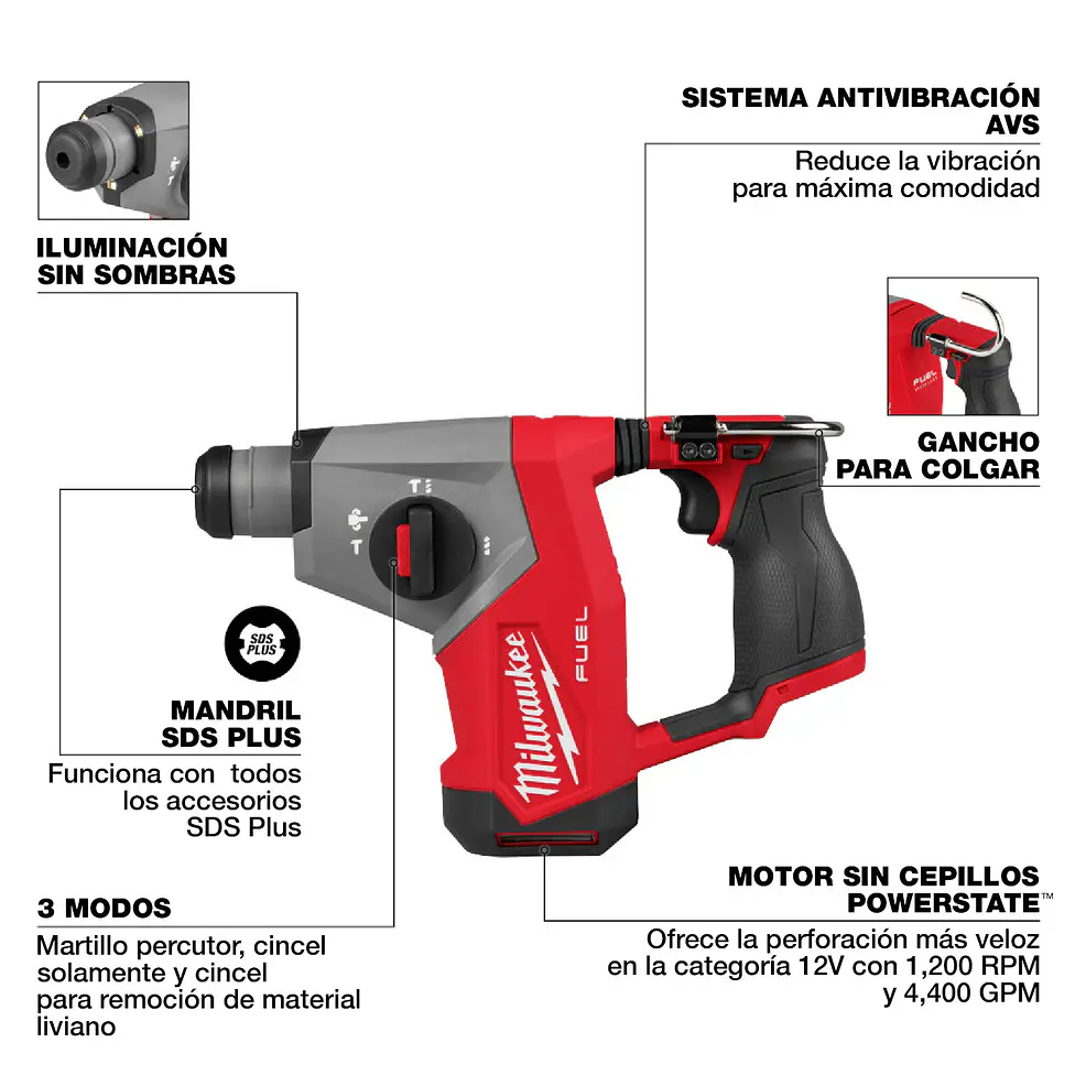 Rotomartillo Compacto Milwaukee M12 FUEL SDS Plus 5/8” 2508-20 + Batería 7