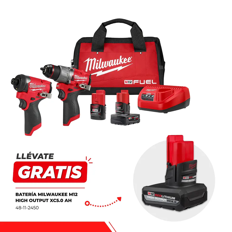 Kit Taladro Percutor + Atornillador Impacto Milwaukee M12 Fuel 3497-22 + Batería  1