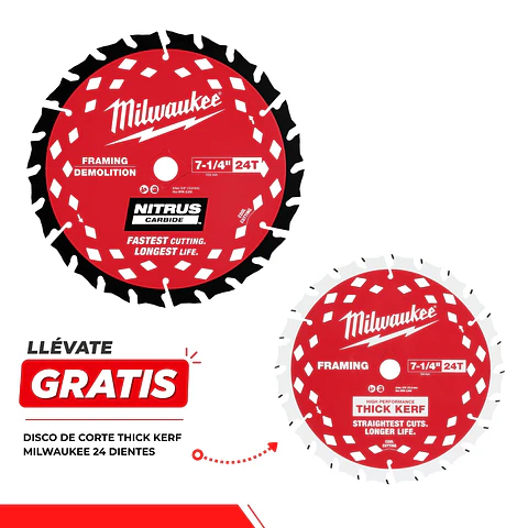 Disco 7-1/4" Milwaukee Nitrus Maderas con Clavos + Disco Thick Kerf GRATIS 