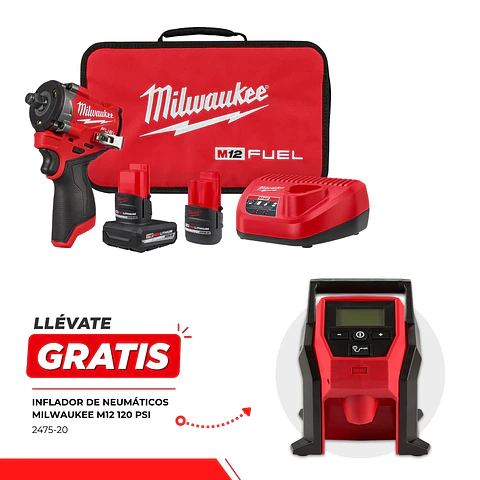 Kit Llave Impacto 1/2" Milwaukee M12 FUEL Stubby 2563-22 + Inflador