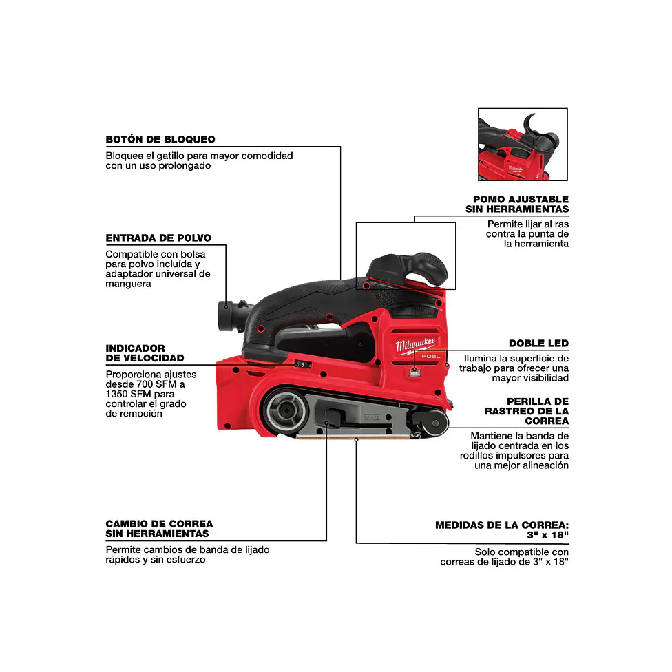 Lijadora De Banda Milwaukee M18 Fuel 3 x 18 Pulgadas 2832-20 5