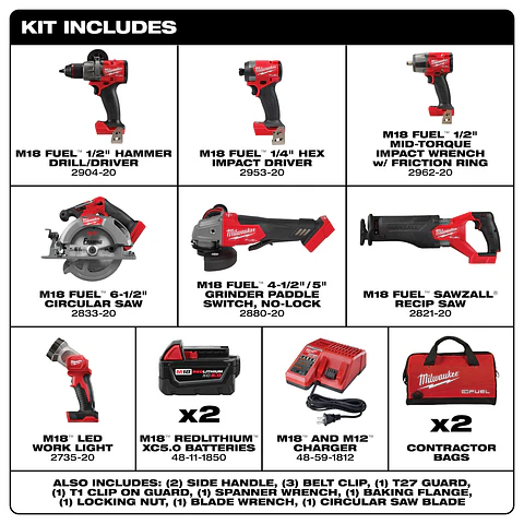 Kit 7 herramientas Milwaukee M18 FUEL + 2 Baterías 5Ah + Cargador 3697-27