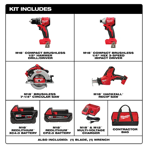 Kit 4 Herramientas Milwaukee M18 Brushless + 2 Baterías 3693-24CX