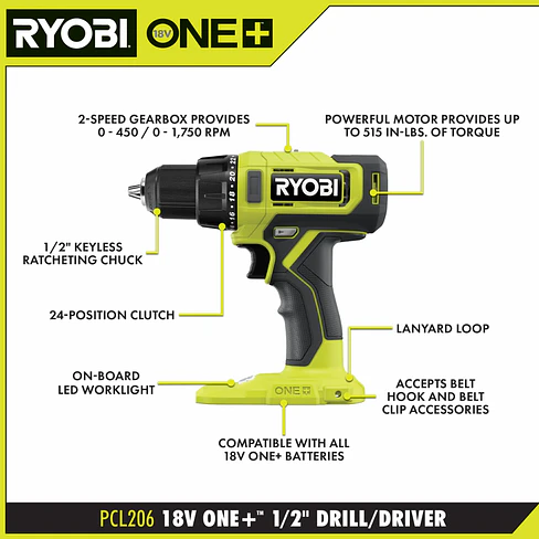 Taladro Atornillador Ryobi ONE+ 18V 1/2