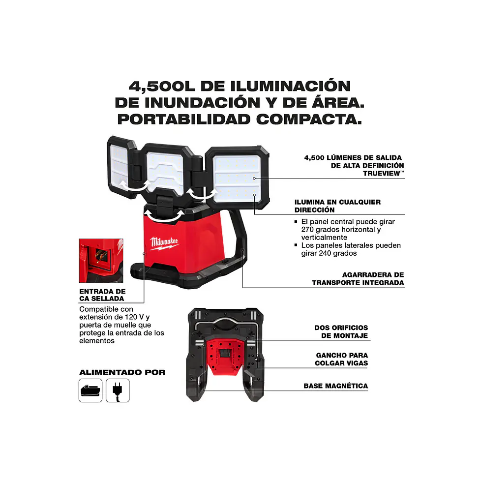 Foco Led Milwaukee Rover M18 Triple Panel 4500 Lumen 2368-20 10