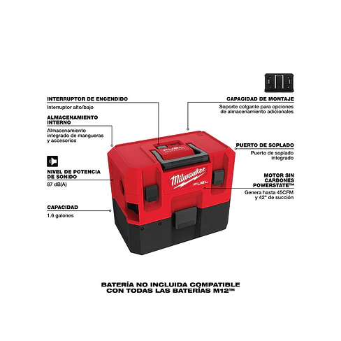 Aspiradora Húmedo/Seco Milwaukee M12 FUEL 6 Lt Filtro Hepa 0960-20 6