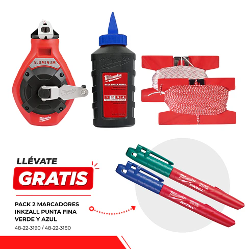 Tizador Aluminio Milwaukee 30mt Tiza Azul + 2 Marcadores Inkzall 1