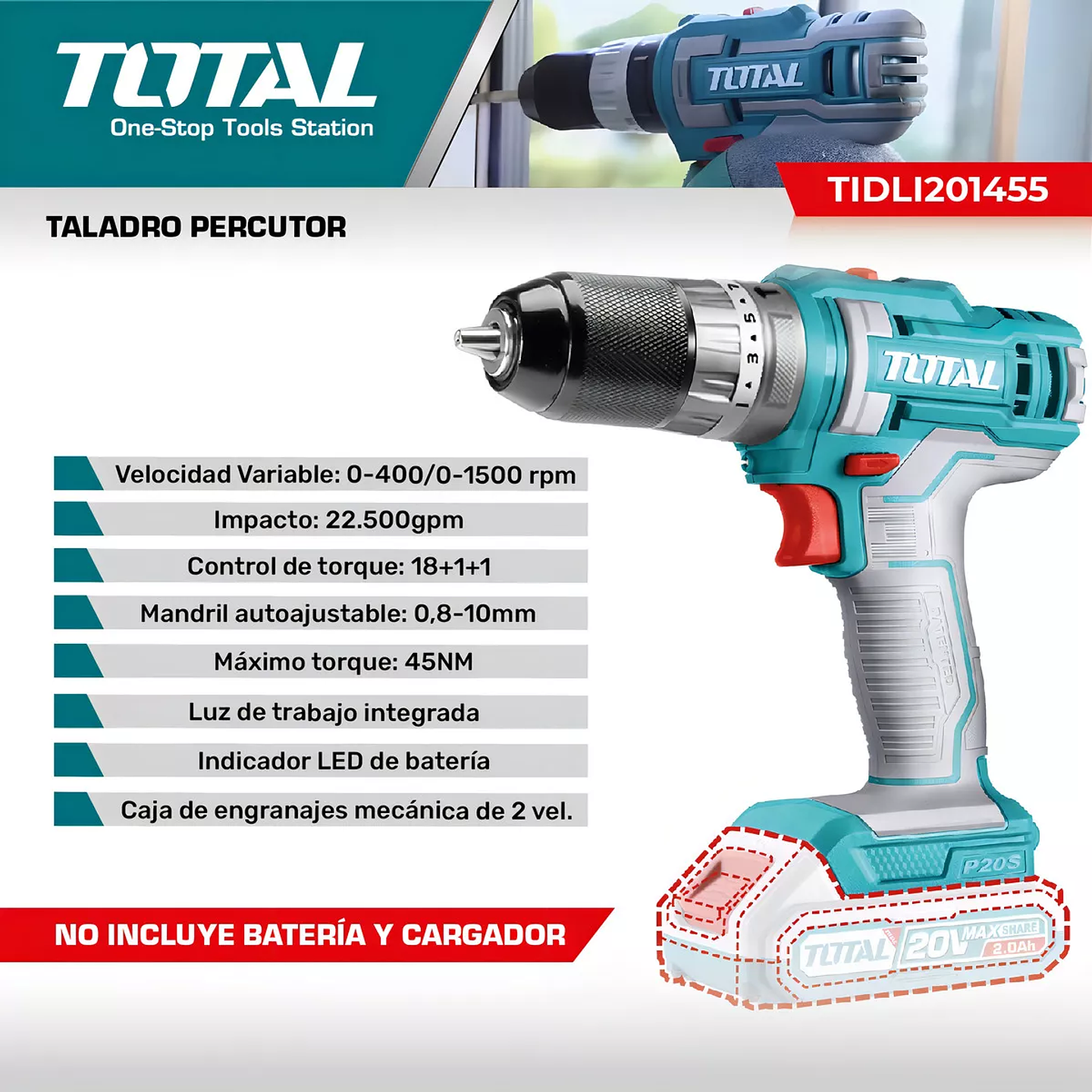 Taladro Percutor Inalámbrico 20V | Taladro batería potente sin cable 2