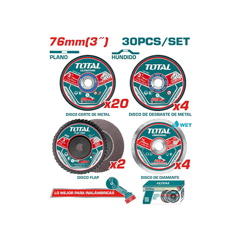 30 DISCOS 3" (76MM) (20 CORTE+4 ABRASIVO+4 DIAMANTE+2 FLAP)