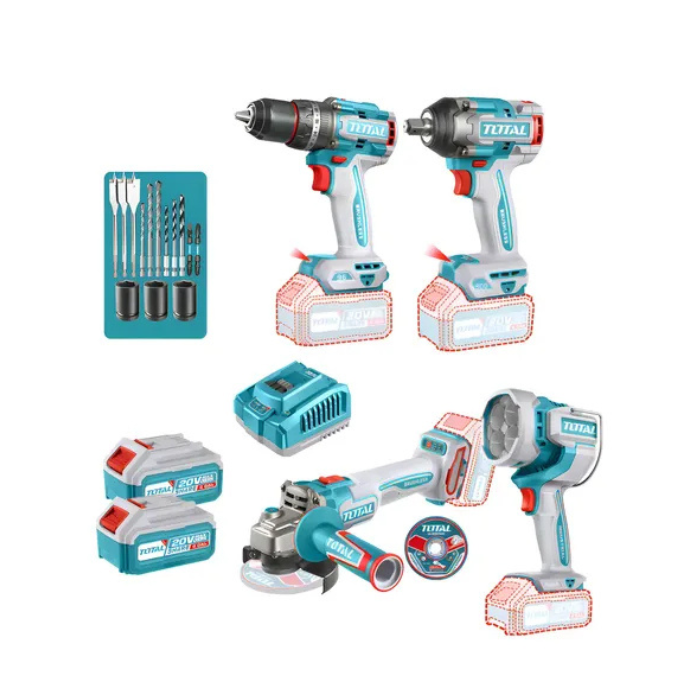 COMBO INALAMBRICO TALADRO PERCUTOR + LLAVE DE IMPACTO + ESMERIL ANGULAR + LINTERNA+ACCS 1