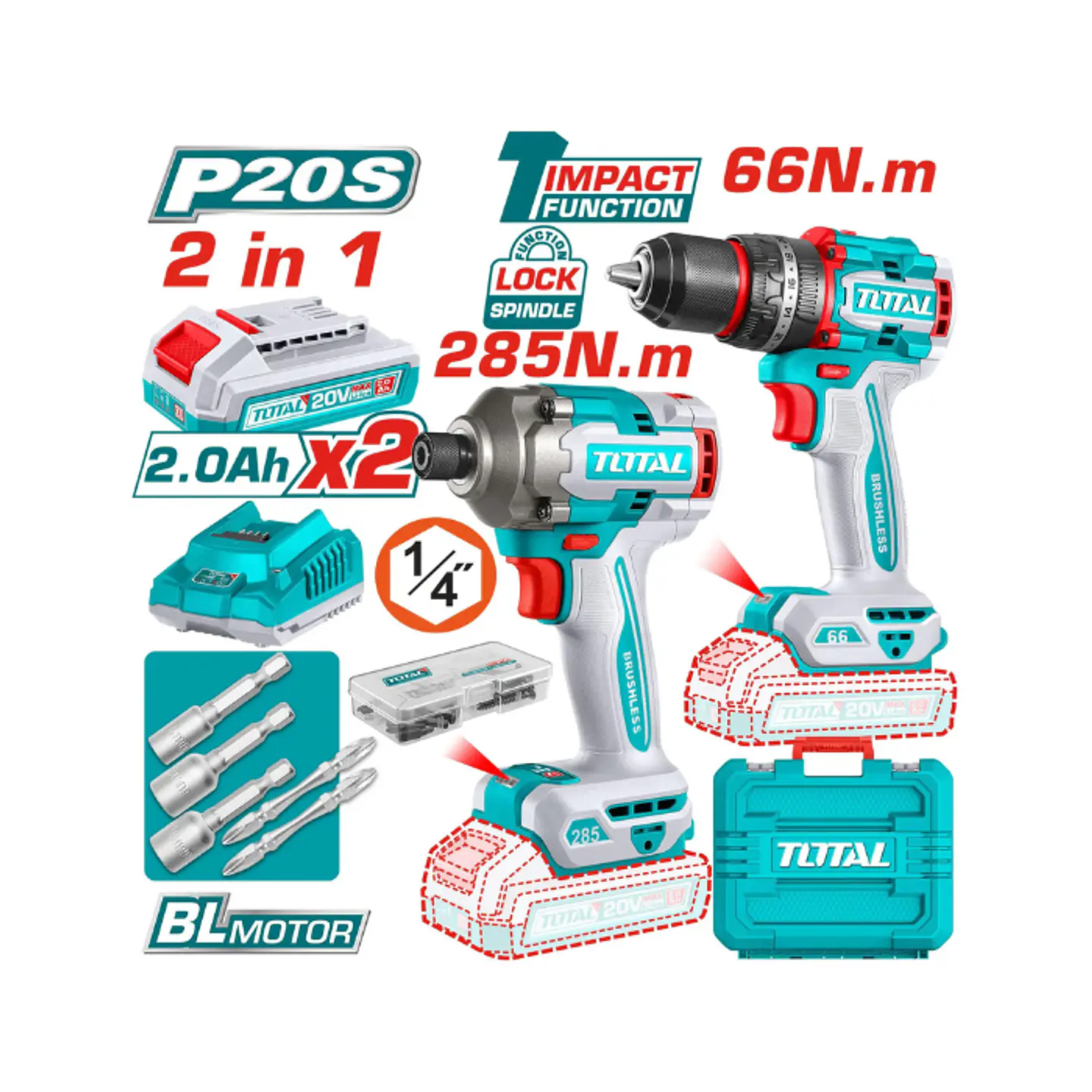 COMBO LLAVE IMPACTO +TALADRO INALAMBRICO+SET BROCAS+2BAT+CAR. ST 2