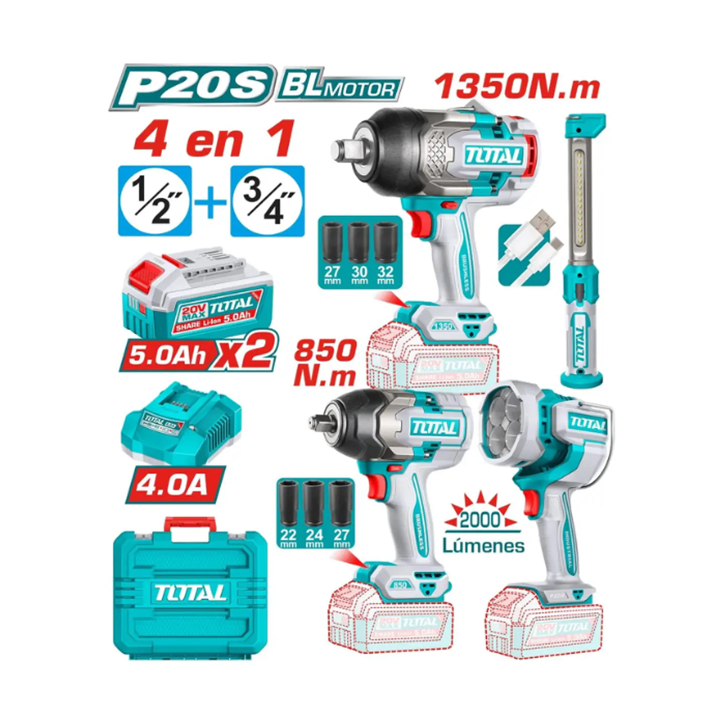COMBO LLAVES DE IMPACTO INALAMBRICAS 850NM 1350NM+LINTERNA+FOCO 2BATS+CARG+ACCS 2