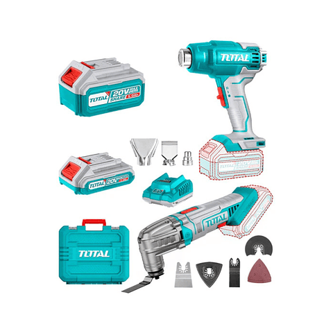 COMBO PISTOLA CALOR + MULTIHERRAMIENTA 20V INALAMBRICA + 1BAT 4AH + 1B 2AH+CARGADOR + MALETA