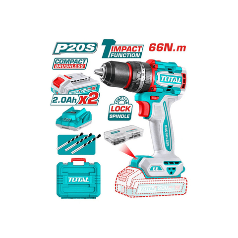 TALADRO PERCUTOR INALAMBRICO 13MM 66NM 20V 2BATS+CARG+ACCS