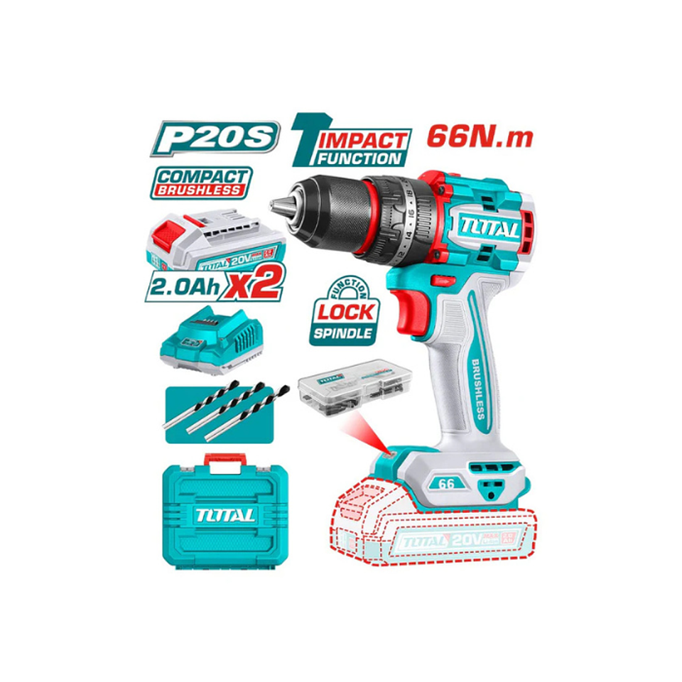 TALADRO PERCUTOR INALAMBRICO 13MM 66NM 20V 2BATS+CARG+ACCS 2