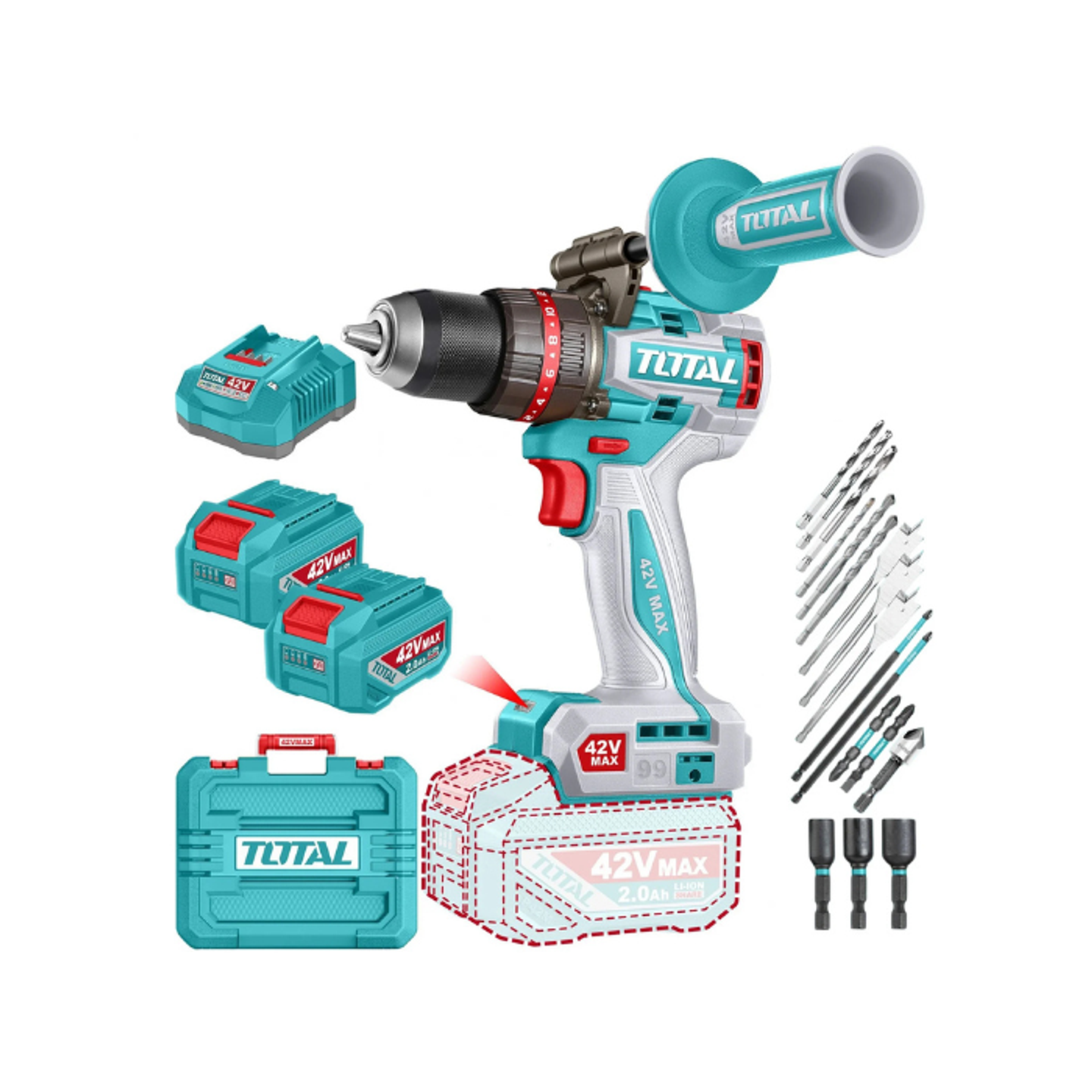 TALADRO PERCUTOR INALAMBRICO 13MM 99NM 42V 2BATS+CARG+ACCS 2