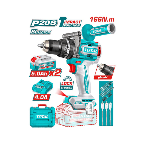 TALADRO PERCUTOR INALAMBRICO 20V 13MM 166NM 2BATS+CARG+ACCS