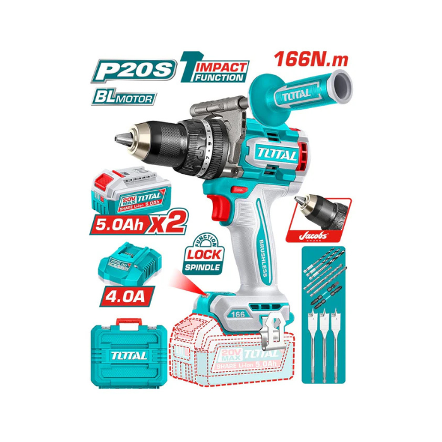 TALADRO PERCUTOR INALAMBRICO 20V 13MM 166NM 2BATS+CARG+ACCS 2