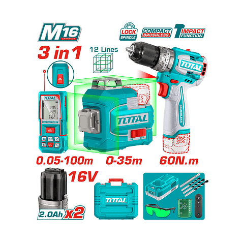 COMBO TALADRO PERCUTOR 16V + NIVEL LASER+MEDIDOR LASER 2BATS 16V+CARG 16V+ACCS
