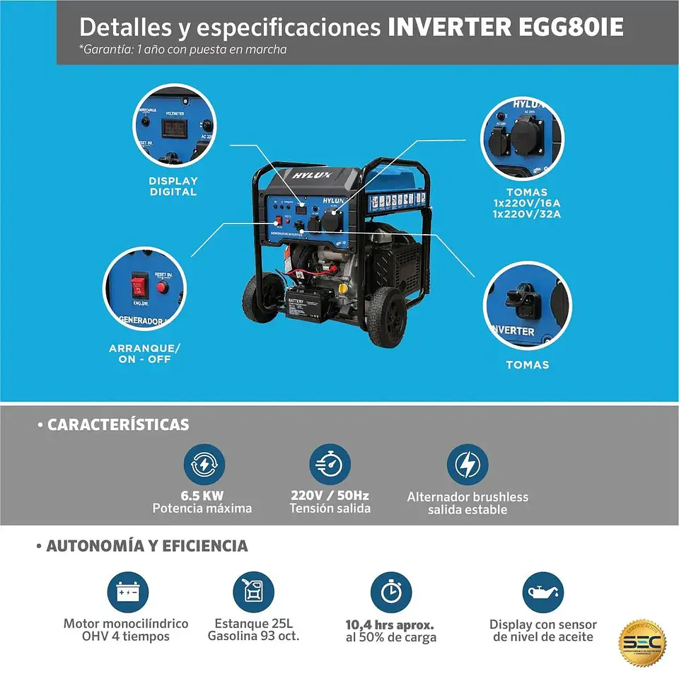 GENERADOR HYLUX EGG80IE 6 KVA INVERTER GASOLINA 3