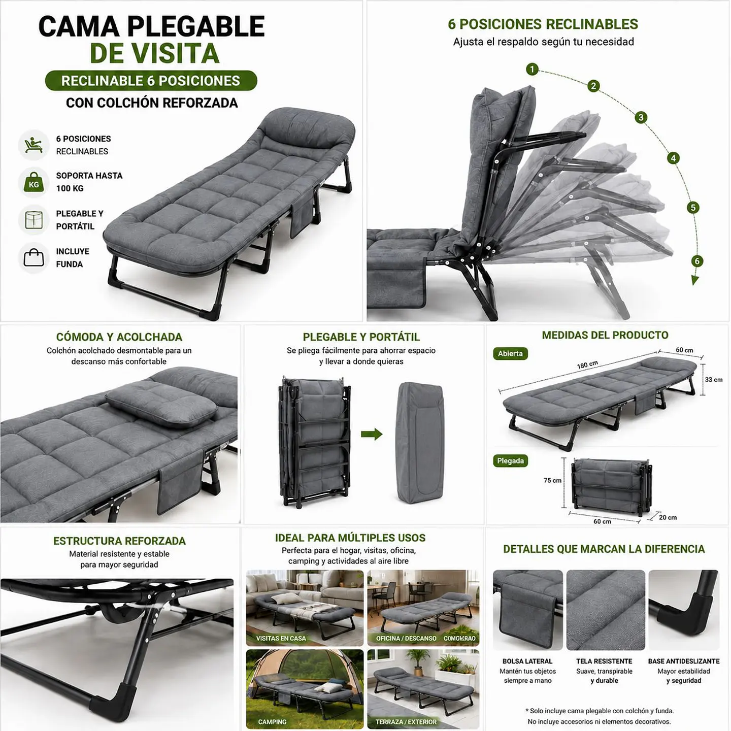 Cama Plegable de Visita Reclinable 6 Posiciones con Colchón 2