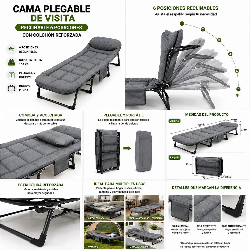 Cama Plegable de Visita Reclinable 6 Posiciones con Colchón 2