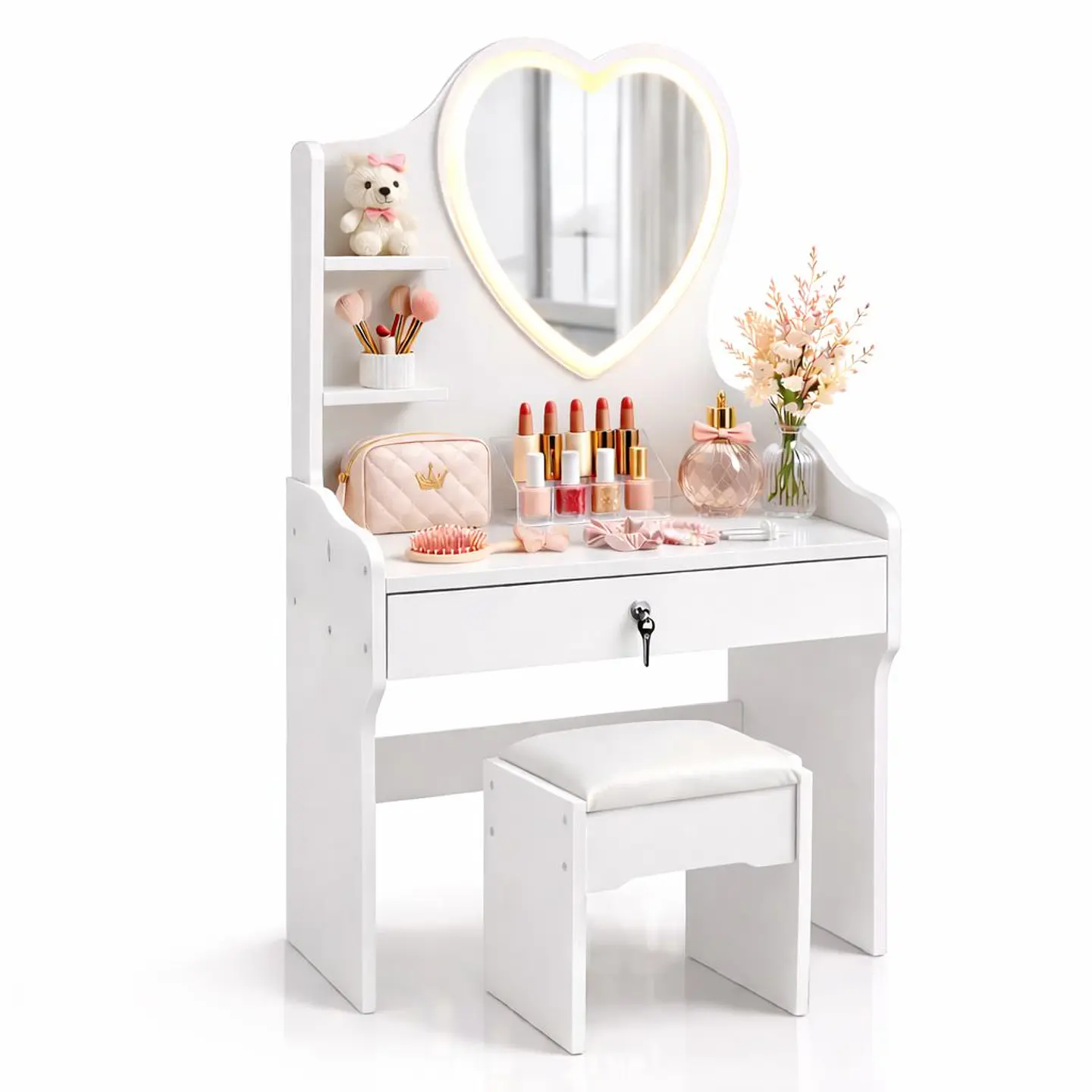Tocador Infantil Blanco con Espejo LED y Taburete 60x33x122 cm 1