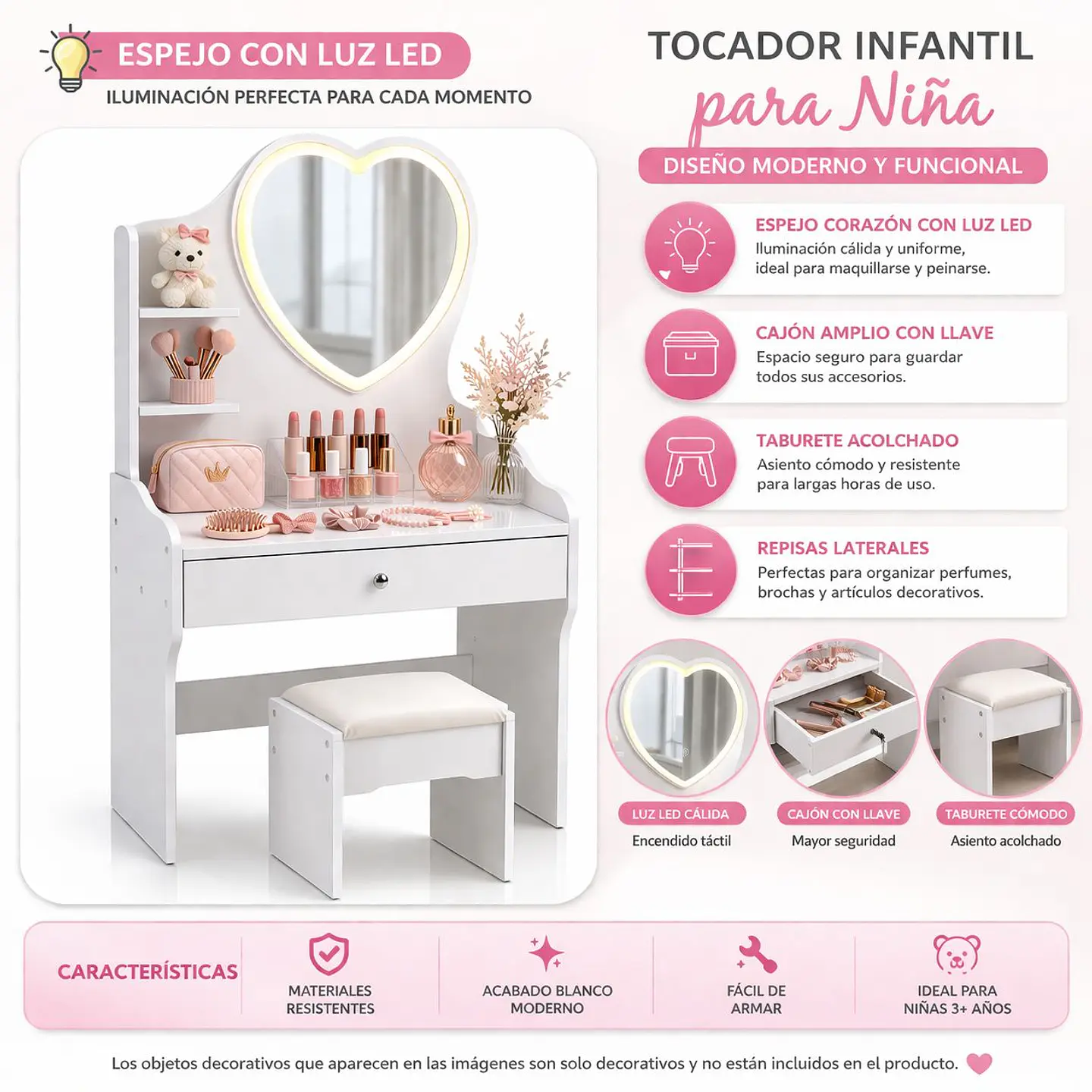 Tocador Infantil Blanco con Espejo LED y Taburete 60x33x122 cm 2