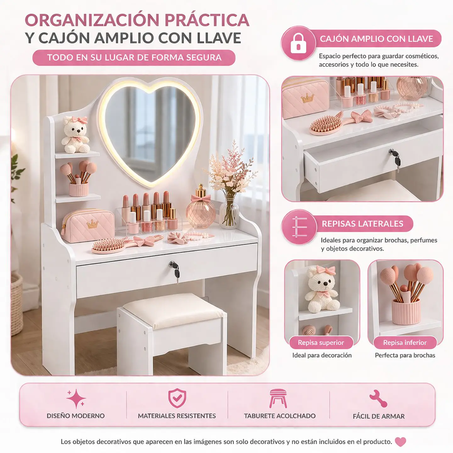 Tocador Infantil Blanco con Espejo LED y Taburete 60x33x122 cm 3