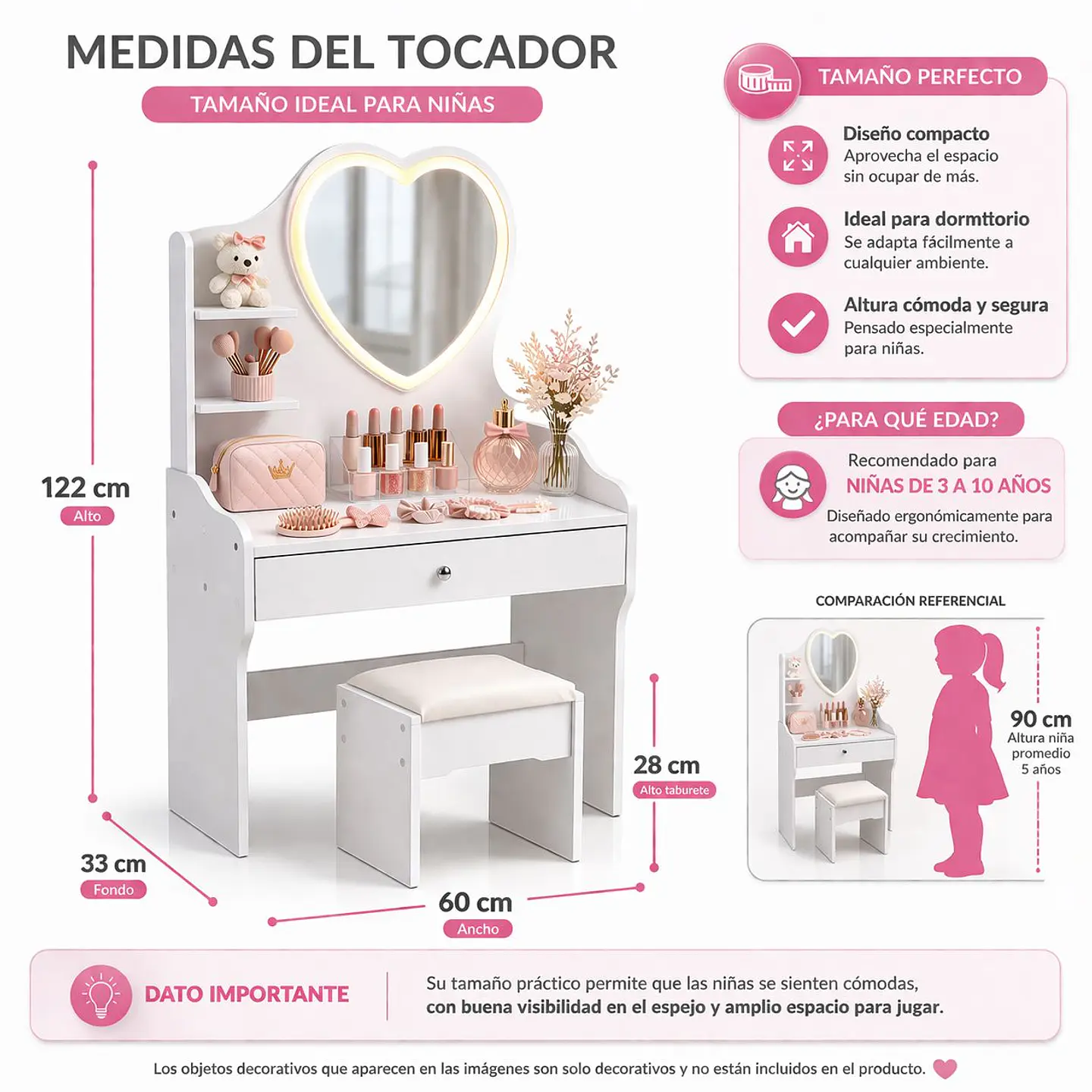 Tocador Infantil Blanco con Espejo LED y Taburete 60x33x122 cm 4