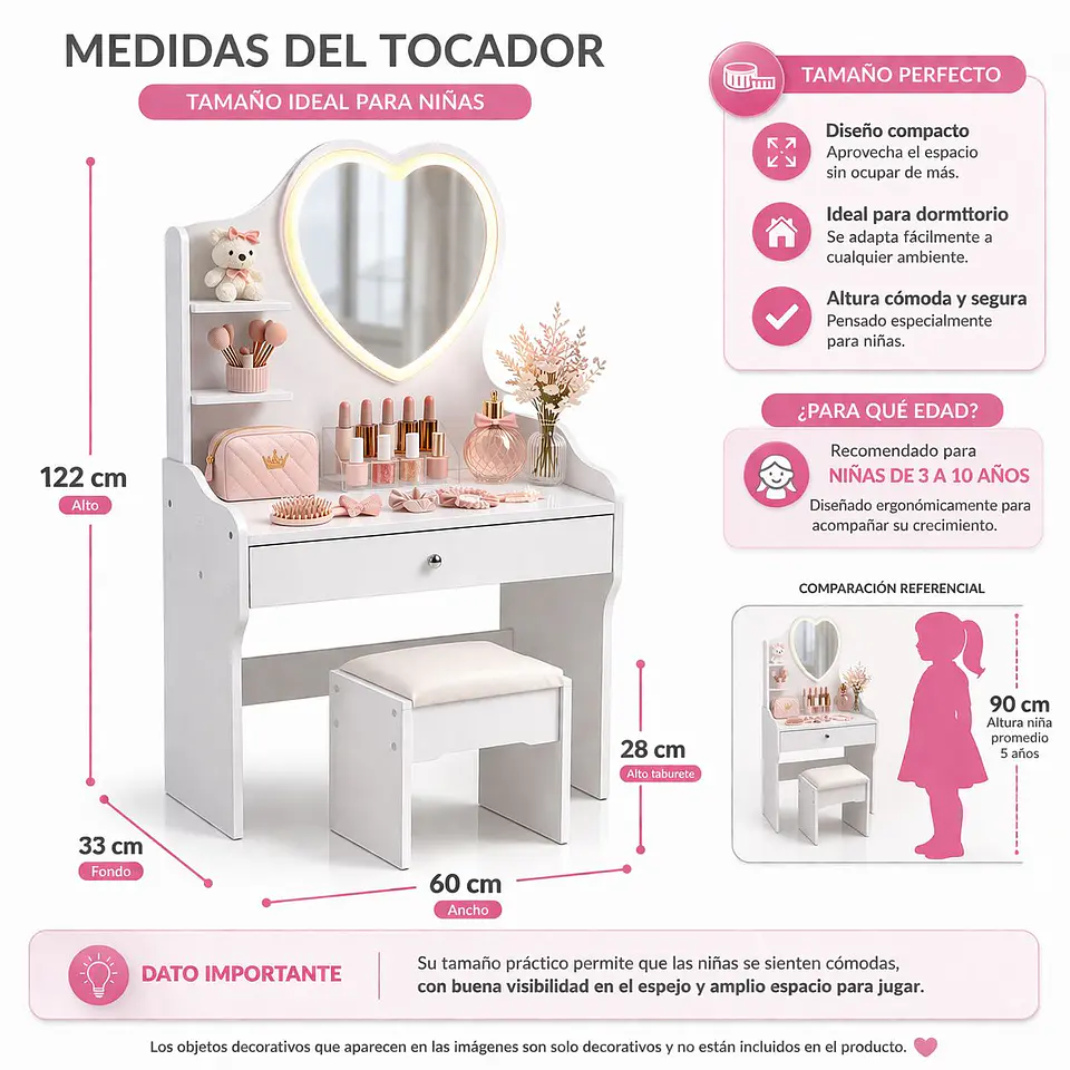 Tocador Infantil Blanco con Espejo LED y Taburete 60x33x122 cm 4