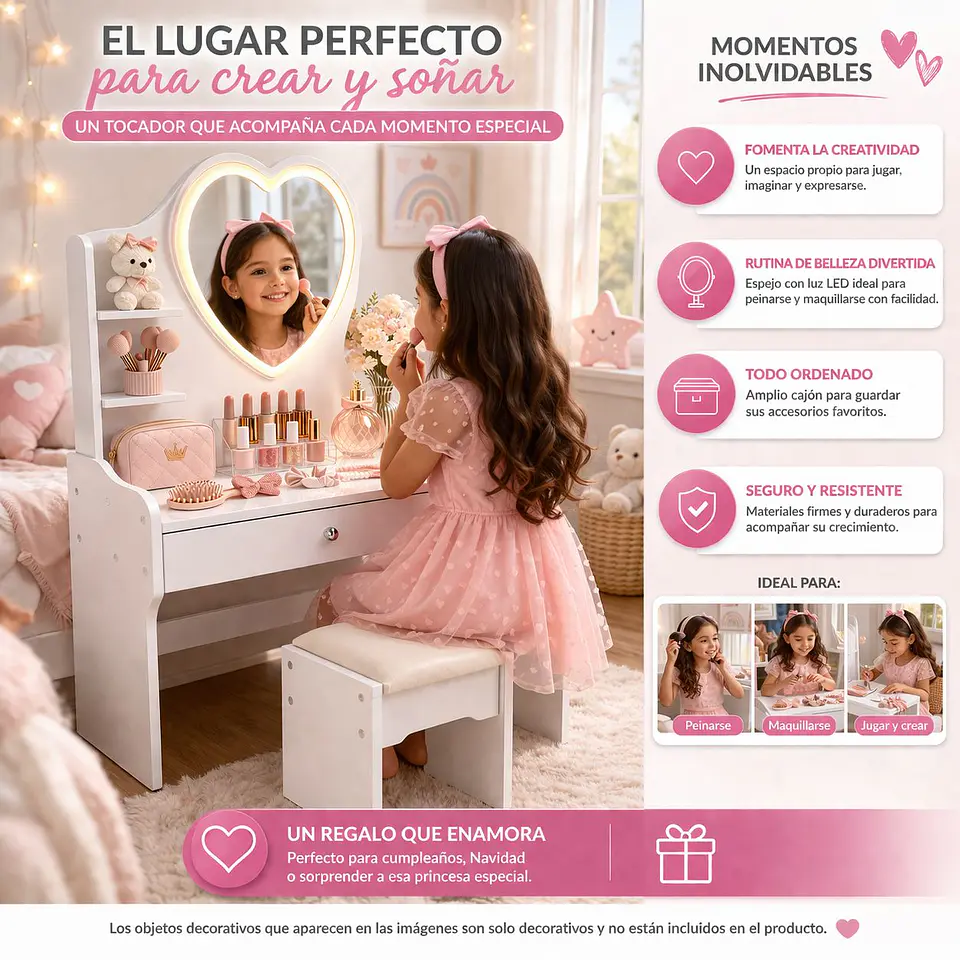 Tocador Infantil Blanco con Espejo LED y Taburete 60x33x122 cm 5