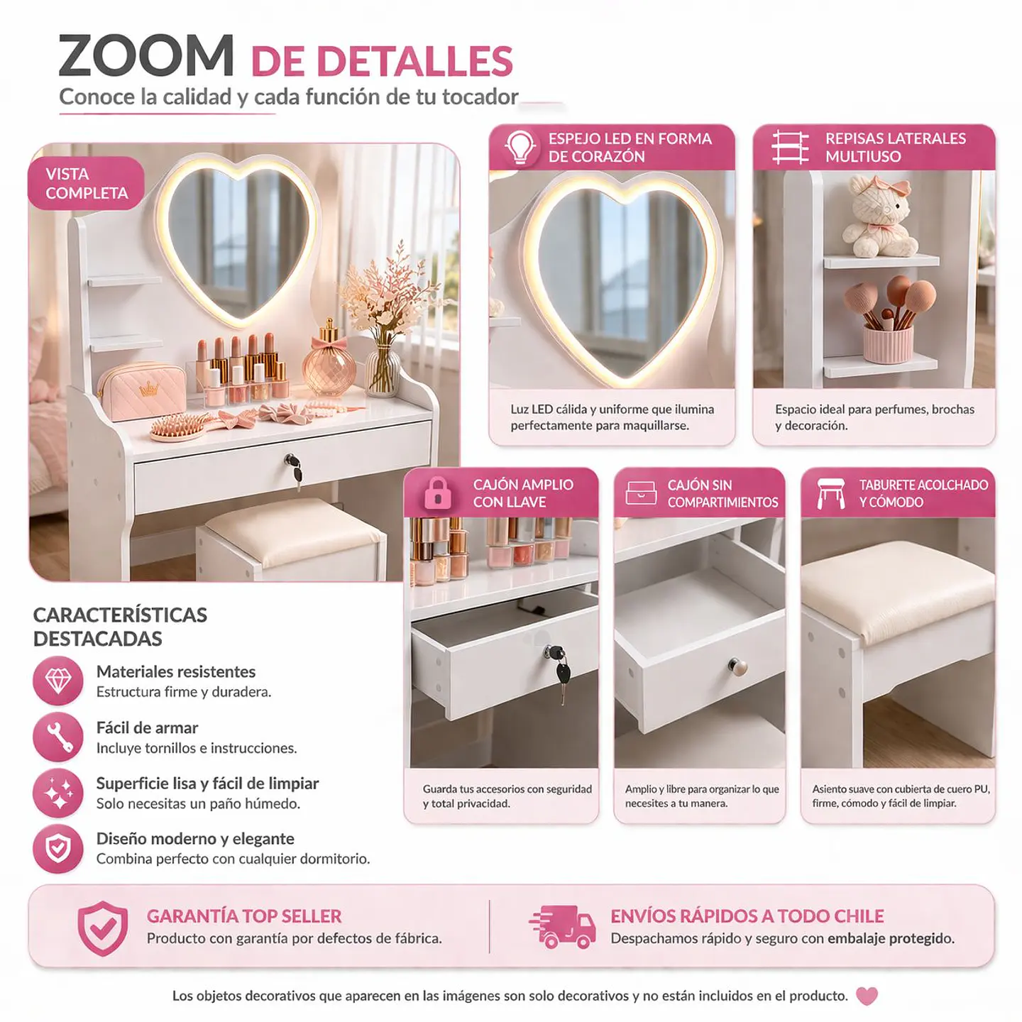 Tocador Infantil Blanco con Espejo LED y Taburete 60x33x122 cm 6
