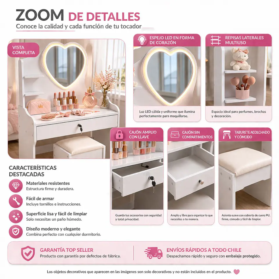 Tocador Infantil Blanco con Espejo LED y Taburete 60x33x122 cm 6