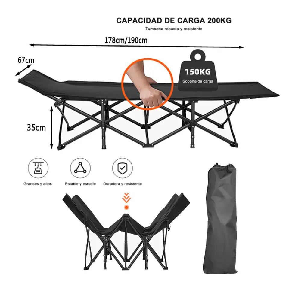 Cama de Camping Plegable Catre de Campaña con Bolso 150 kg 2