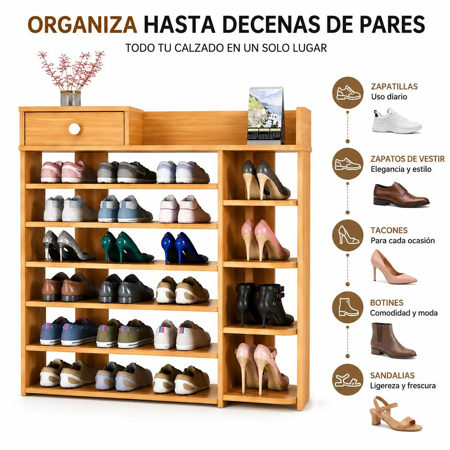 Zapatero Organizador de Madera 8 Niveles con Cajón 100x24x106 cm 2