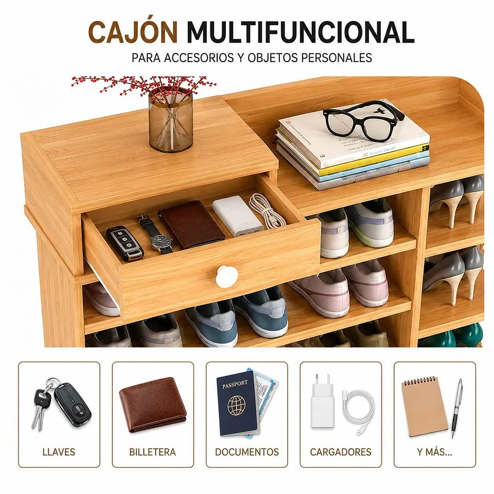 Zapatero Organizador de Madera 8 Niveles con Cajón 100x24x106 cm 3