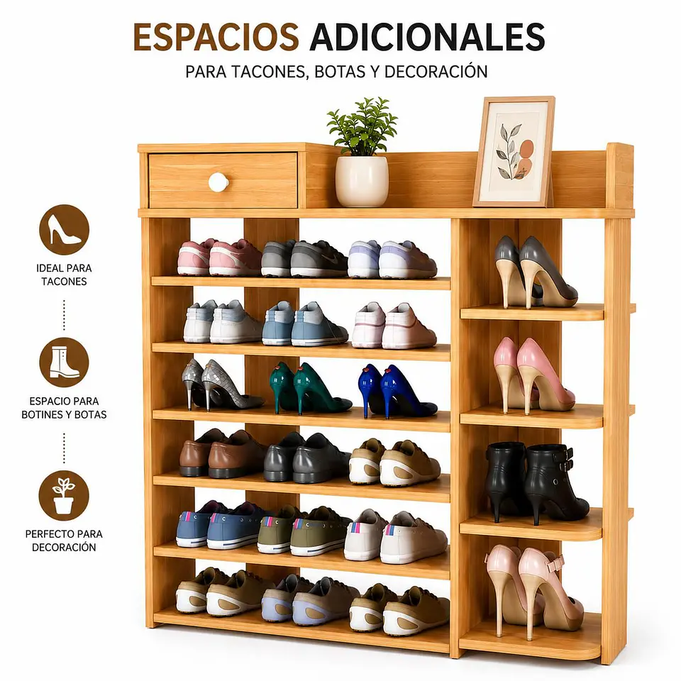 Zapatero Organizador de Madera 8 Niveles con Cajón 100x24x106 cm 4
