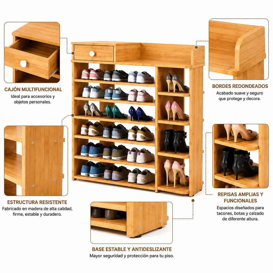 Zapatero Organizador de Madera 8 Niveles con Cajón 100x24x106 cm 5