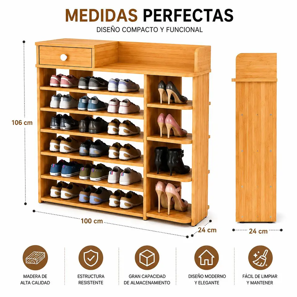Zapatero Organizador de Madera 8 Niveles con Cajón 100x24x106 cm 6