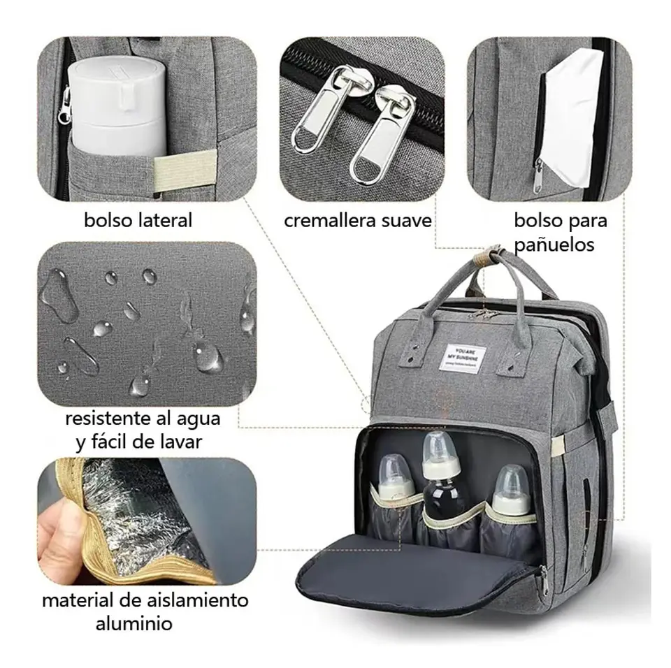 Mochila Maternal 3 en 1 Cuna, Mudador y Pañalera Impermeable 6