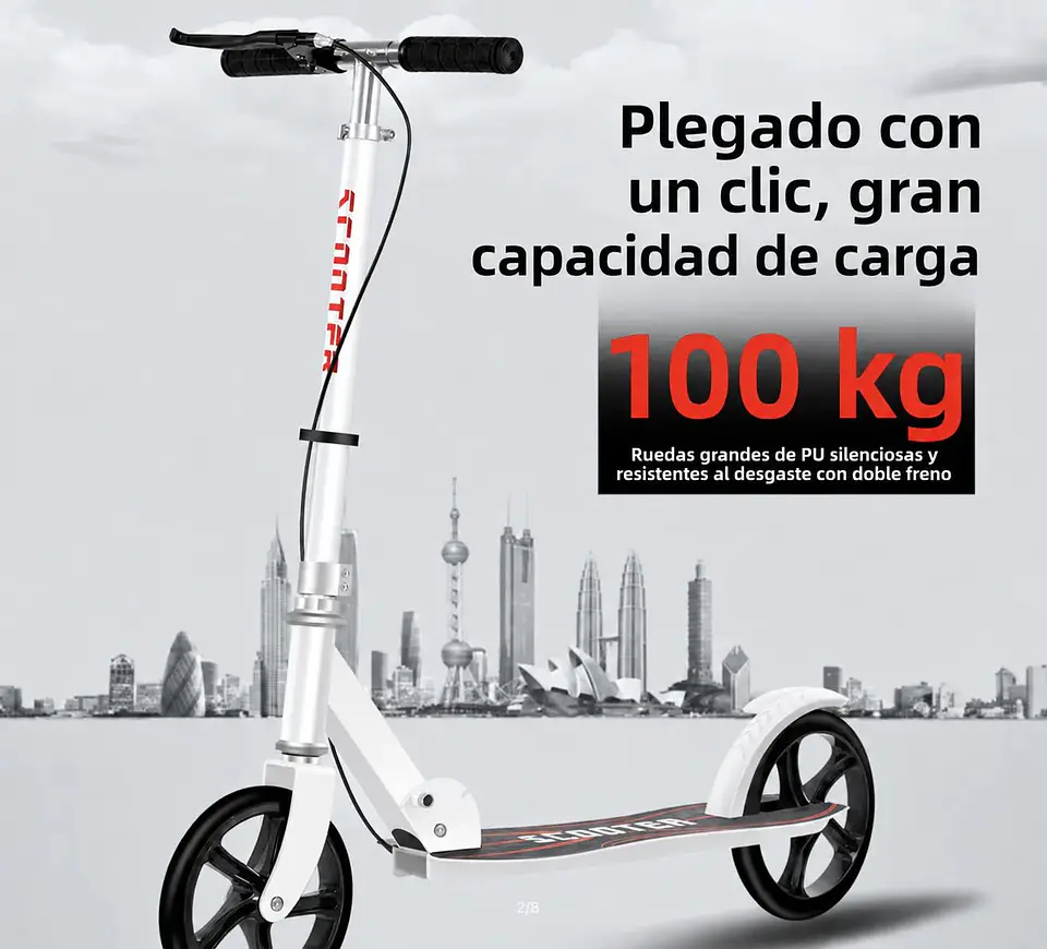 Scooter Patineta Plegable Blanca con Doble Freno y Ruedas PU 2
