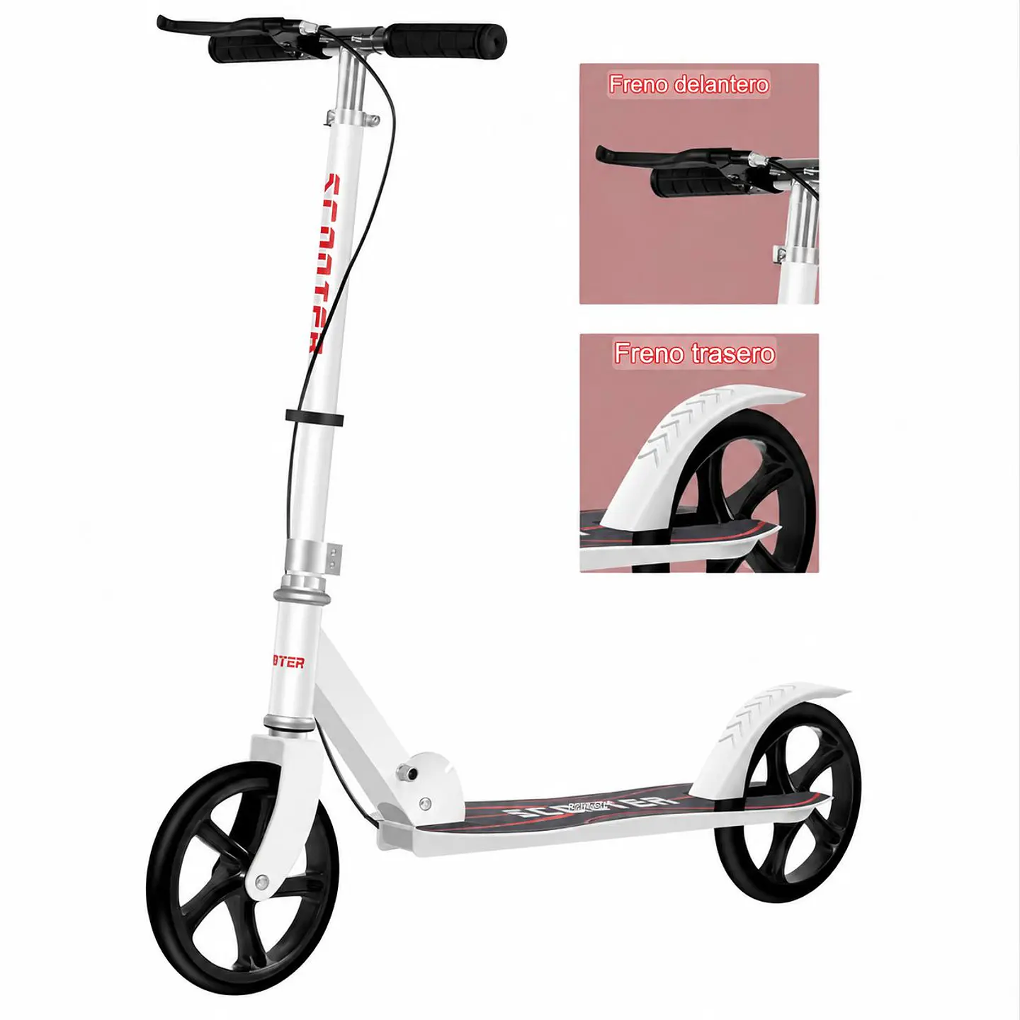Scooter Patineta Plegable Blanca con Doble Freno y Ruedas PU 3
