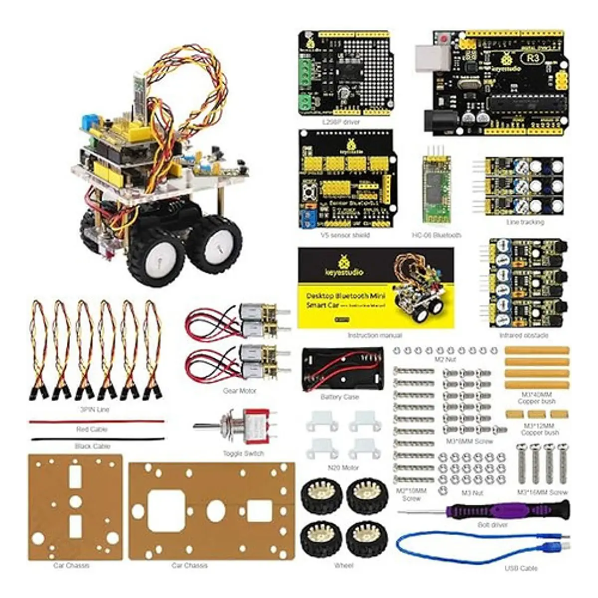 Kit Mini Smart Car Bluetooth Keyestudio Uno R3 L298p Hc-06
